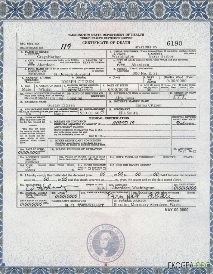 Modèle de certificat de décès de l'État de Washington aux États-Unis au format PSD template Modèle de certificat de décès de l'État de Washington aux États-Unis au format PSD template